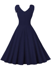 Load image into Gallery viewer, Blue Bow Sleeve V Neck 1950S Vintage Swing Dress