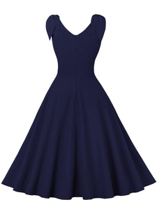 Blue Bow Sleeve V Neck 1950S Vintage Swing Dress