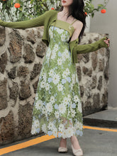 Load image into Gallery viewer, 1940S Green Lace Embroidered Spaghetti Strap Vintage Dress