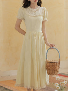 Retro Yellow Puff-Sleeve Dress with Lace Edging