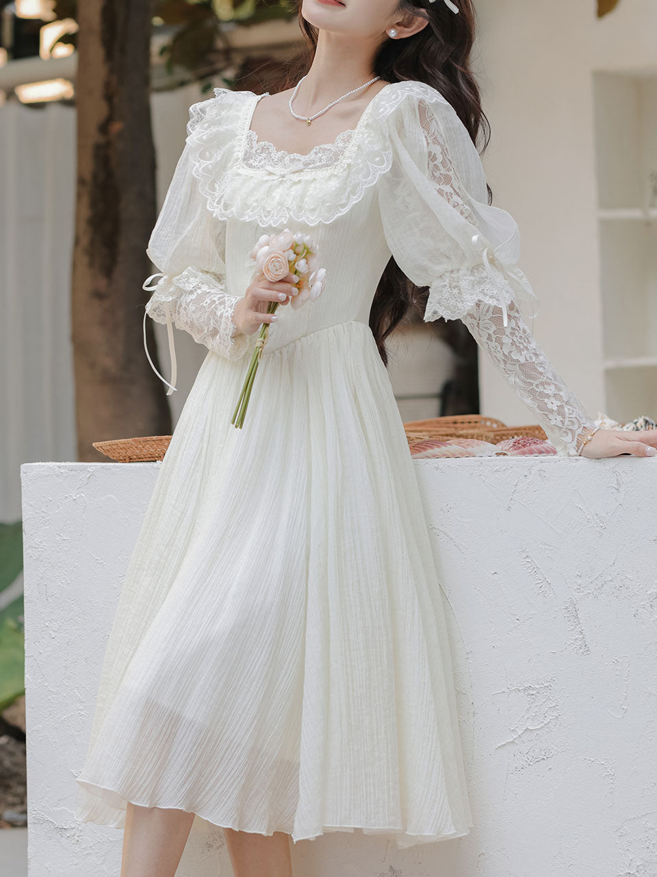Sweet Victorian Lace Square Collar Corset Short Sleeve Wedding Mini Dress, White / S Sweet Victorian Lace Square Collar Corset Short Sleeve Wedding Mini Dress, White / S
