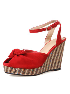 Women's Open Toe Bow Wedge Heel Sandals Leather Vintage Shoes