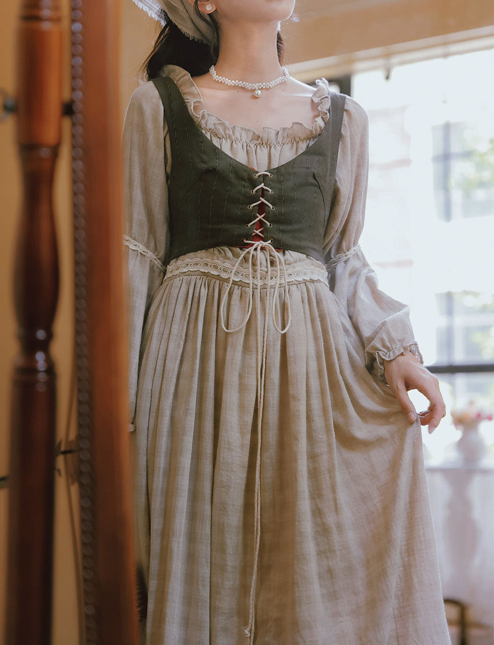 2PS Grey Off Shoulder Cottagecore Dress with Green Vest Jolly Vintage 2PS Grey Off Shoulder Cottagecore Dress with Green Vest Jolly Vintage
