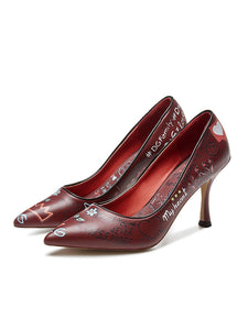 Wine Red Graffiti Print Stiletto Heel Vinatge Shoes