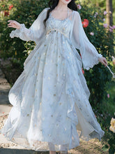 Load image into Gallery viewer, Women's Fairycore Butterfly Maxi Dress Glitter Ruffle Halter Prom Gown with Sheer Shrug
