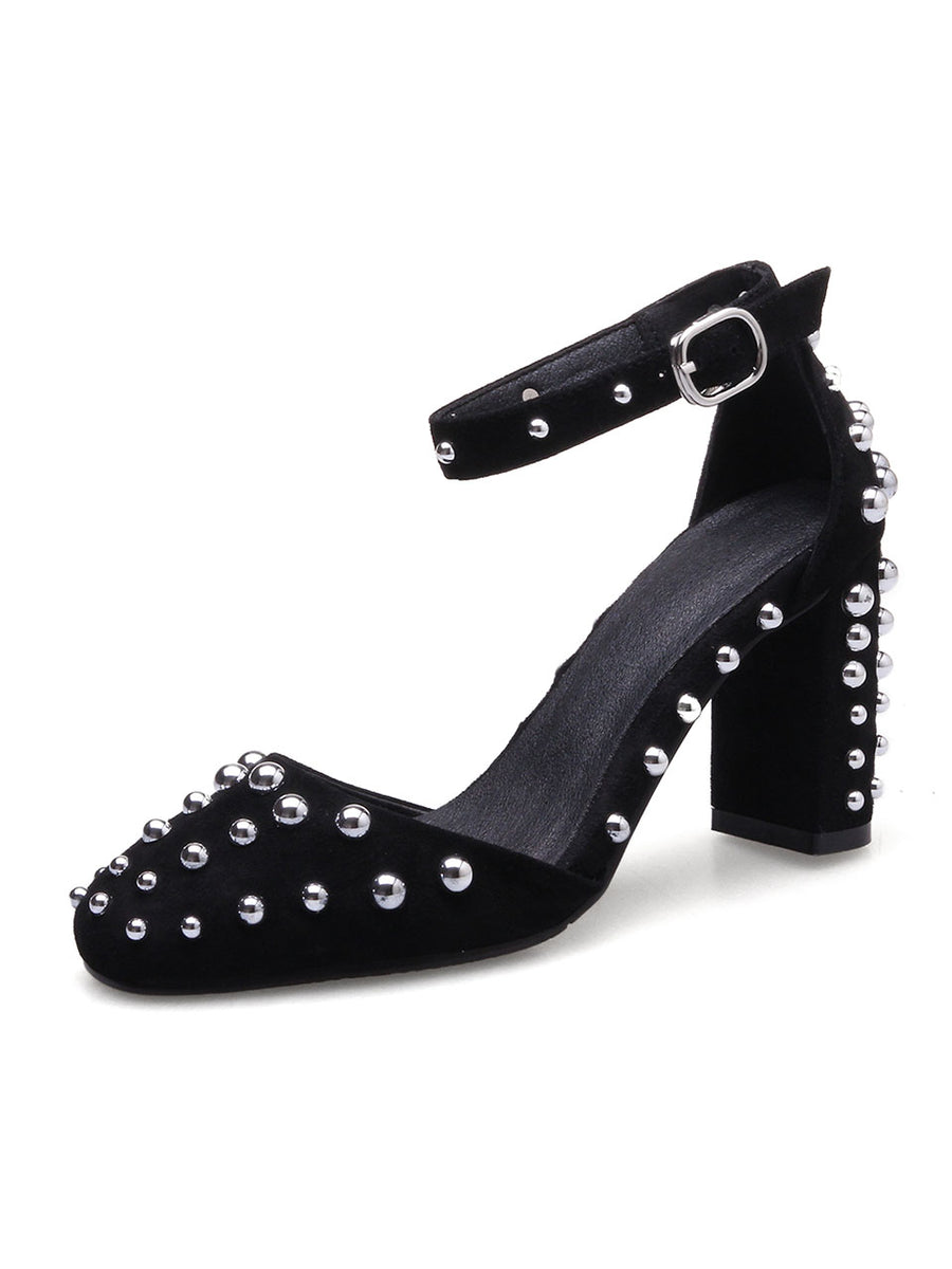 Women's Piont Toe Rivet Chunky Heel Sandals Leather Vintage Shoes ...