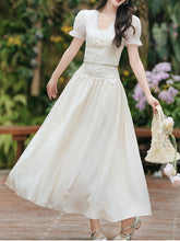 Load image into Gallery viewer, Chic White Hepburn Style Shimmer Co-ord Set - Retro Lace Top &amp; Bodycon Fish Tail Midi Skirt 2-Piece Suit