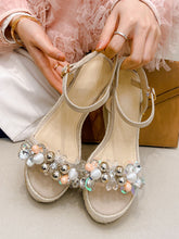 Load image into Gallery viewer, Women&#39;s Open Toe Bow Wedge Heel Rhinestones Sandals Leather Vintage Shoes