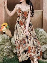 Load image into Gallery viewer, 2PS Brown Spaghetti Strap Tropical Pattern Holiday  Dress With White Long Sleeve Cardigan