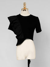 Load image into Gallery viewer, 2PS Black Ruffles Retro Short Sleeve T Shirt With Fringe Skirt Suits