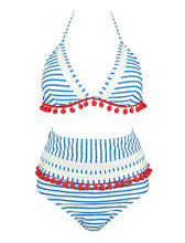 Load image into Gallery viewer, High Waist Bikini Striped Fringed Fur Ball Swimsuit Two Pieces Bikini Sets
