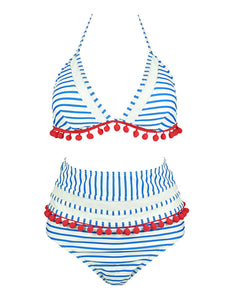 High Waist Bikini Striped Fringed Fur Ball Swimsuit Two Pieces Bikini Sets