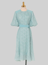 Load image into Gallery viewer, Green Crew Neck Toothpick Pleated Jacquard Fabric Puff Sleeve Vintage Dress