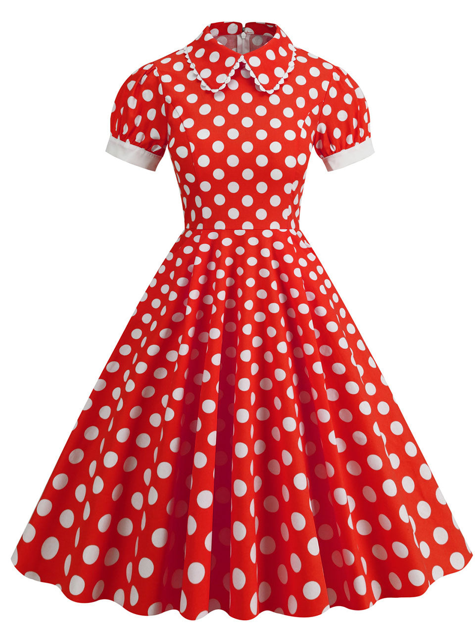 Red Polka Dots Peter Pan Collar 1950S Dress With Pockets, Red / S