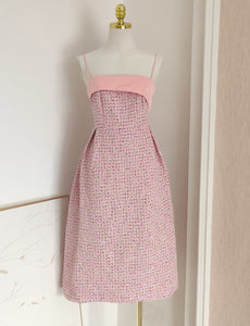 Pink Camellia Flower Spaghetti Strap Tweed Party Dress