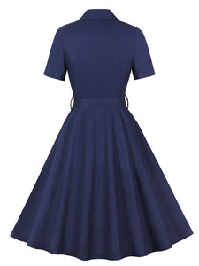 1950S Turndown Collar Solid Color Short Sleeve Vintage Dress