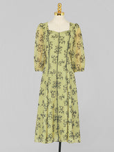 Load image into Gallery viewer, Mustard Yellow Square Neck Floral Print 1950S Vintage Swing Dress