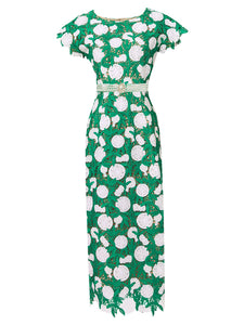 Green Fruit Embroidery Hollow Lace 1960S Vintage Fishtail Dress With Pearls Belt