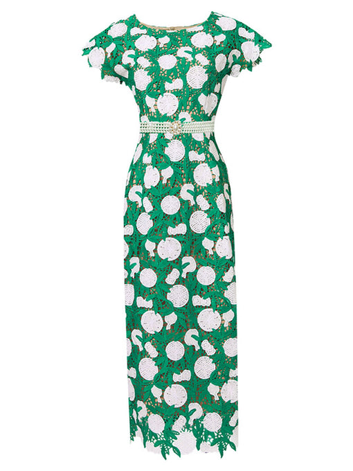 Green Fruit Embroidery Hollow Lace 1960S Vintage Fishtail Dress With Pearls Belt