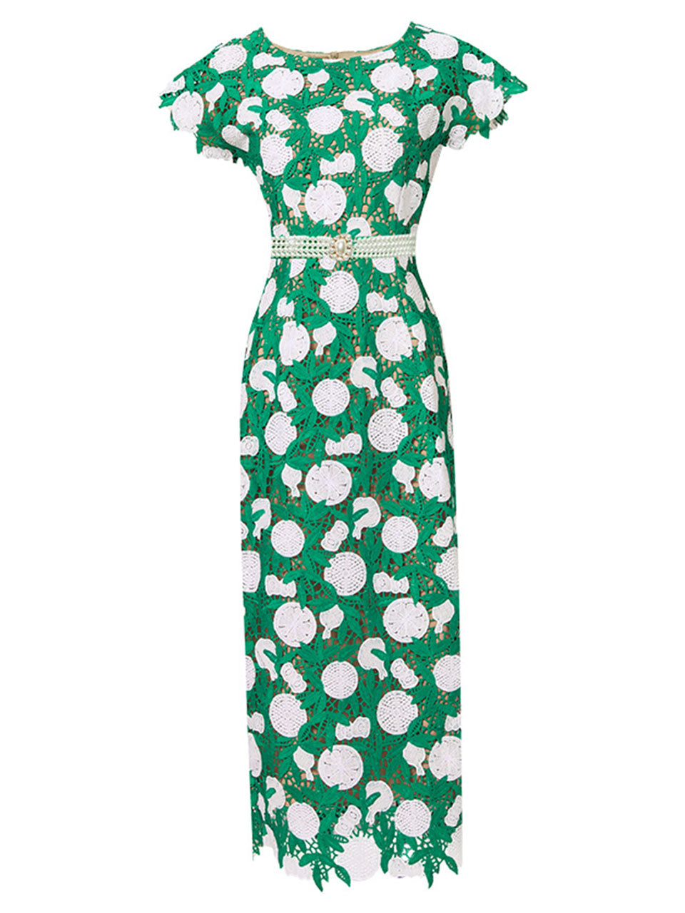 Green Fruit Embroidery Hollow Lace 1960S Vintage Fishtail Dress With Pearls Belt