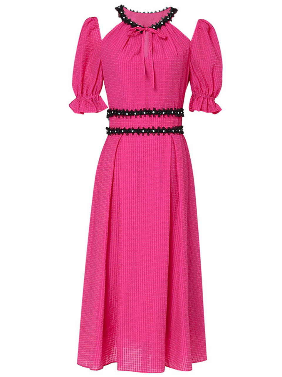 Fuchsia Hand Beaded Special Fabric Texture Off-Shoulder 1950S Swing Dress