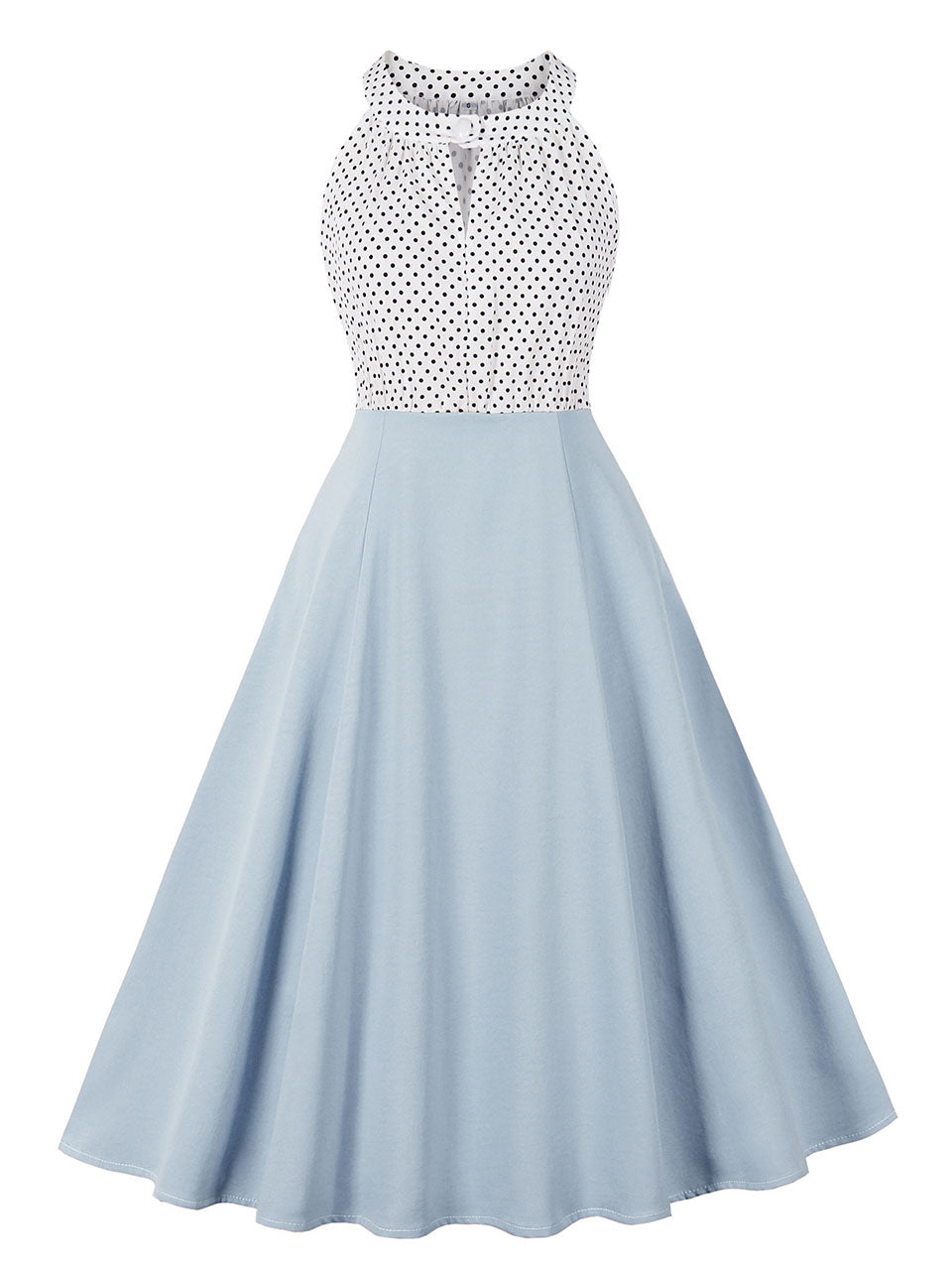Blue Sweat Heart Halter Sleeveless Polka Dots 1950s Vintage Swing Dress