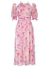 Load image into Gallery viewer, Pink Floral Print Ruffles 1950S Chiffon Vintage Dress
