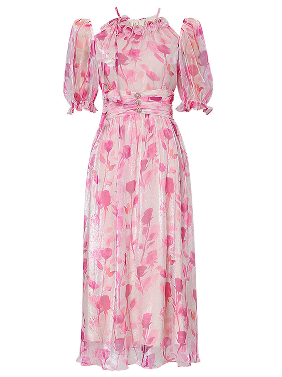 Pink Floral Print Ruffles 1950S Chiffon Vintage Dress, Pink / M