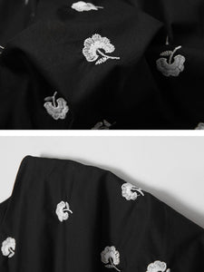 Black V Neck Balloon Sleeve Embroidered 1950S Vintage Dress