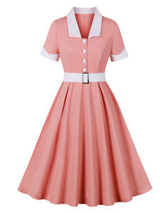 1950S Turndown Collar Solid Color Short Sleeve Vintage Dress