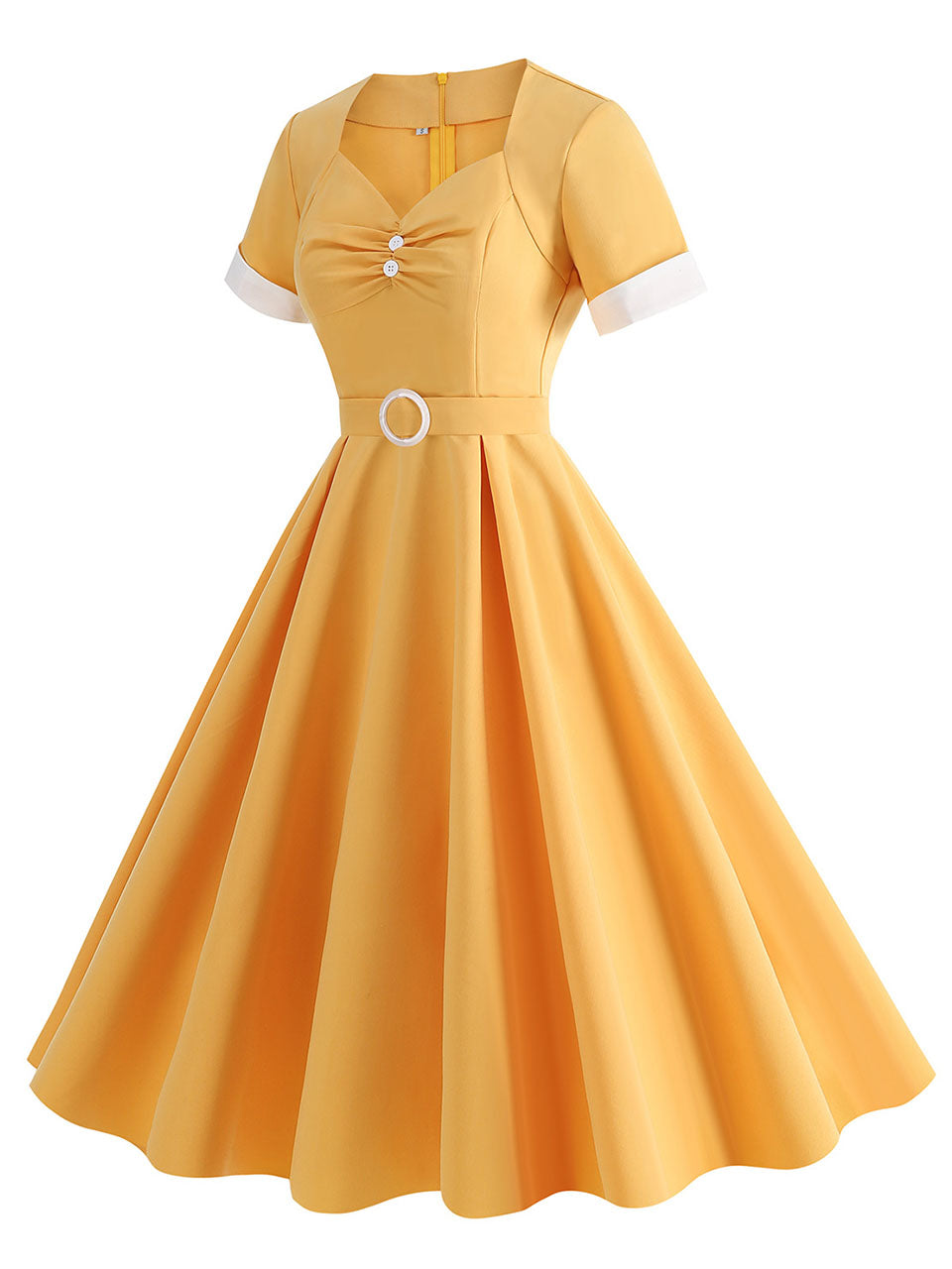ZAPAKA Women Blue A Line Vintage Dress with Belt Short Sleeve Midi 1950s Dress with Buttons, Yellow / M ZAPAKA Women Blue A Line Vintage Dress with Belt Short Sleeve Midi 1950s Dress with Buttons, Yellow / M