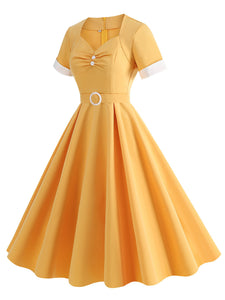 Yellow Sweet Heart 1950s Vintage Shirt Dress for Women Short Sleeve Audrey Hepburn Style Cocktail Swing Dress