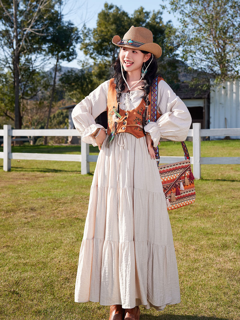 Bohemian White Long-Sleeved Cotton Maxi Dress with Suede Embroidered Vest Boho Suit, White / Xs Bohemian White Long-Sleeved Cotton Maxi Dress with Suede Embroidered Vest Boho Suit, White / Xs