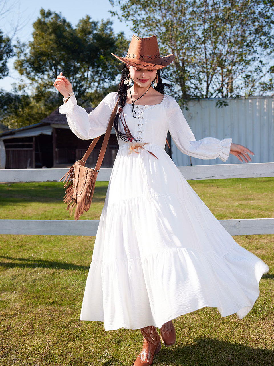 Bohemian White Long-sleeved Cotton Maxi Dress with Suede Embroidered Vest Boho Suit, White / XS Bohemian White Long-sleeved Cotton Maxi Dress with Suede Embroidered Vest Boho Suit, White / XS