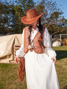 Bohemian White Embroidered Cotton Maxi Dress with Suede Embroidered Vest Boho Suit