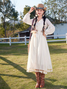 Bohemian White Tassel Cotton Maxi Dress with Suede Embroidered Vest Boho Suit