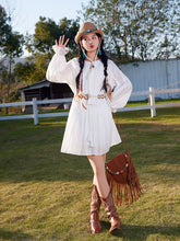 Load image into Gallery viewer, Bohemian White Long-sleeved Ruffles Mini Dress with Blue Suede Embroidered Vest Boho Suit