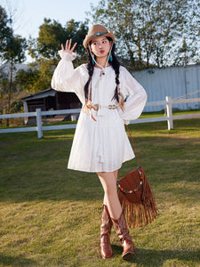 Bohemian White Long-sleeved Ruffles Mini Dress with Blue Suede Embroidered Vest Boho Suit