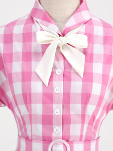 Pink And White Plaid Bow Collar Barbie Same Style 1950S Vintage Dress With Hat Set
