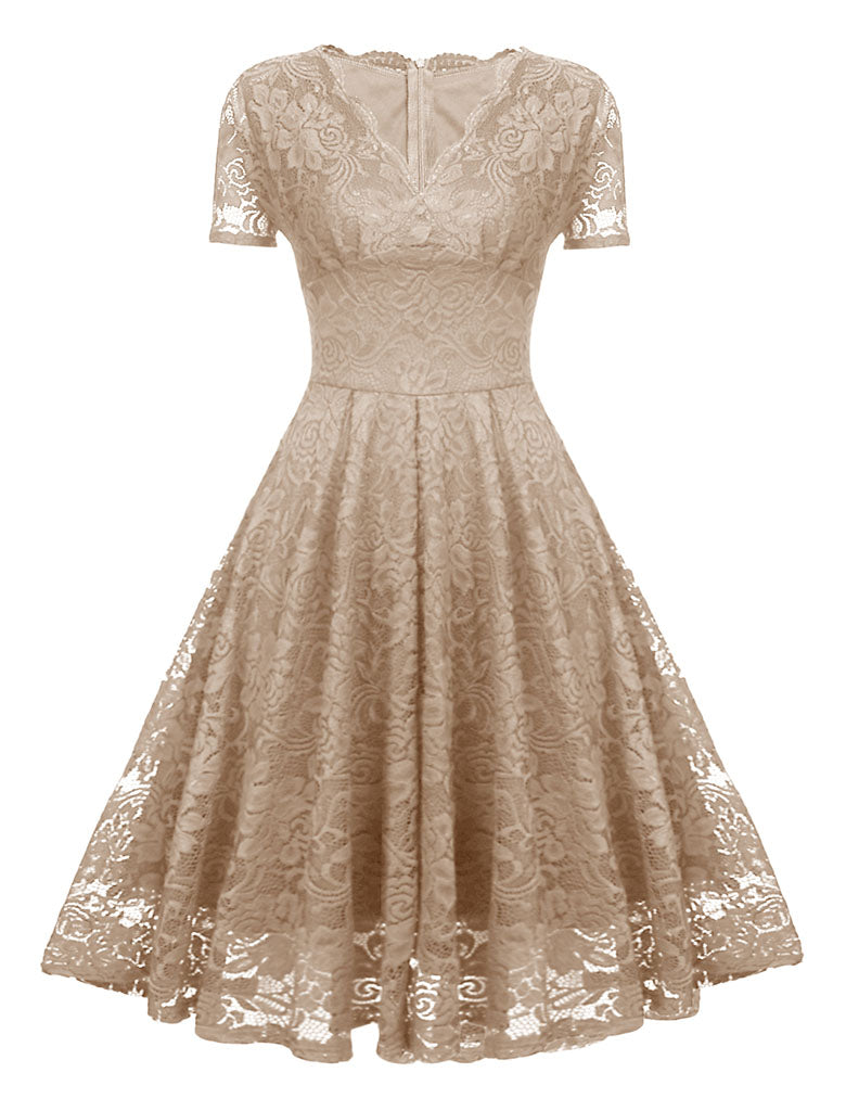 Solid Color Lace Short Sleeve V Neck 50s Party Swing Dress, Apricot / L Solid Color Lace Short Sleeve V Neck 50s Party Swing Dress, Apricot / L