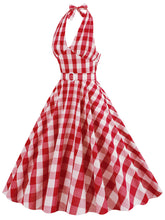 Load image into Gallery viewer, Pink And White Plaid Halter Deep V Neck 1950S Vintage Dress With Belt