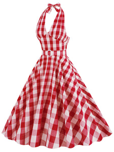 Pink And White Plaid Halter Deep V Neck 1950S Vintage Dress With Belt