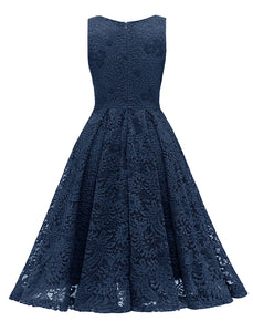 Solid Color Lace Sleeveless V Neck 50s Party Swing Dress