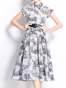 1940S Classic Shirt Collar Vintage Print Cap Sleeve Cotton Dress