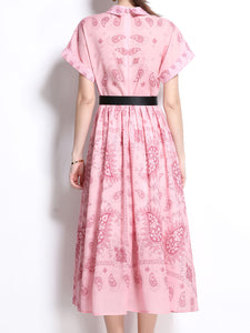 1940S Classic Shirt Collar Vintage Print Cotton Dress with Belt