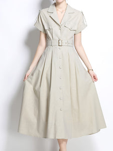 1940S Lapel Shirt Cotton Dress with Pockets