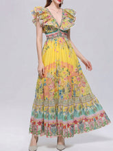Load image into Gallery viewer, Women’s Dark Boho Floral Printed Chiffon V-Neck Ruffled Summer Beach Maxi Dress