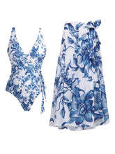 Load image into Gallery viewer, Blue and White Floral High Waisted Bikini Set with Tiered Maxi Skirt 2-Piece Swimsuit