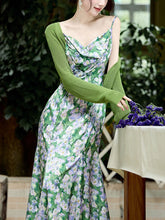 Load image into Gallery viewer, 2PS Green Floral Printed Spaghetti Straps Vintage Dress With Cardigan Suit