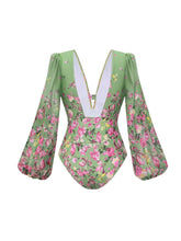 Load image into Gallery viewer, 2PS Sage Green Vintage Lantern Sleeve Flower Print Monokini and Flowy Beach Long Skirt Swimsuit Set